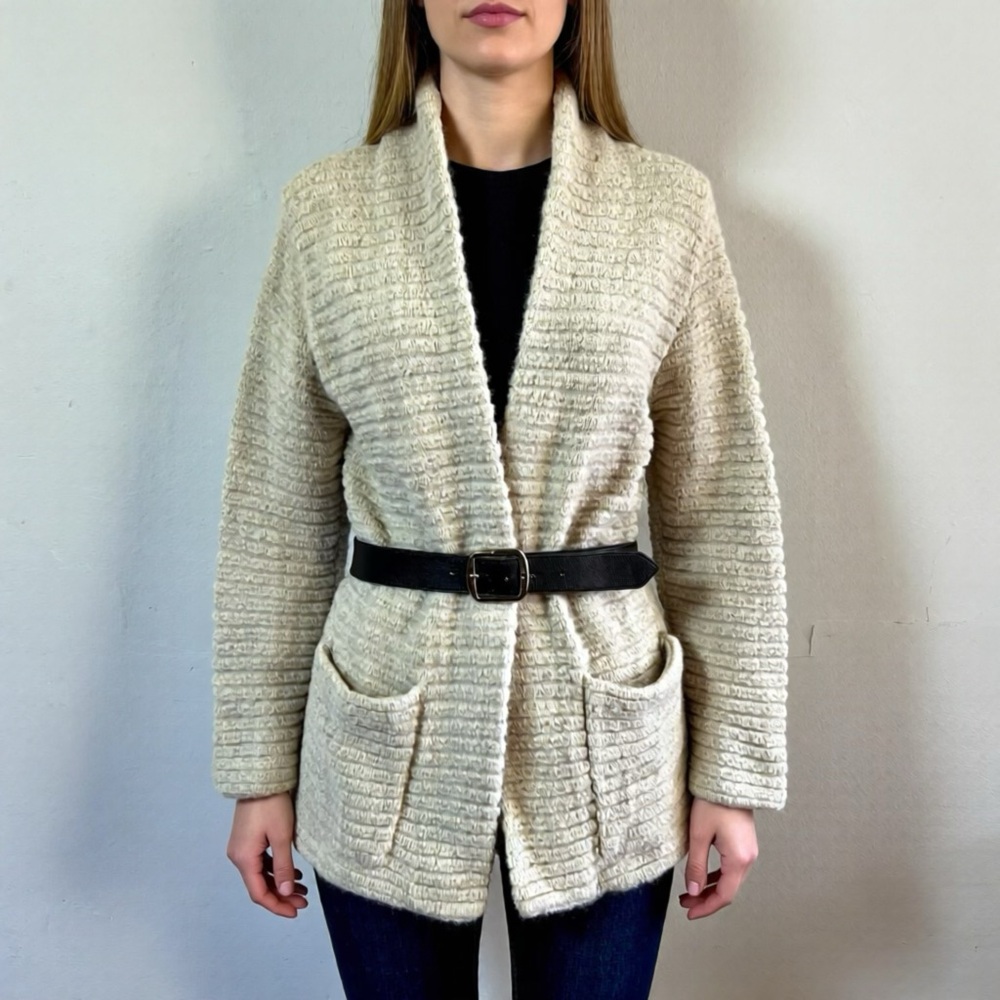 Vintage Cream Ribbed Shawl Collar Cardigan 60s 70s mid century modern sweater